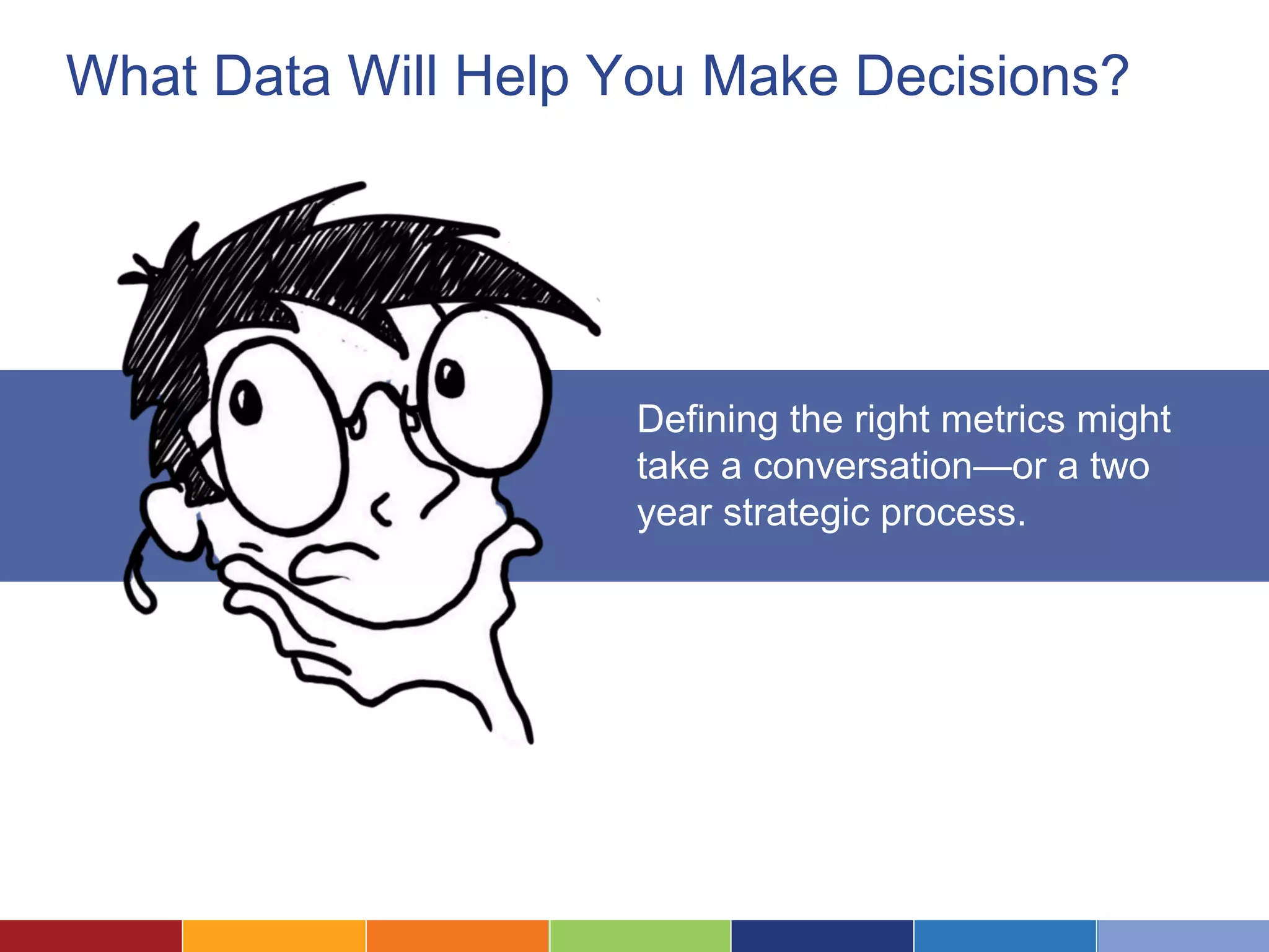 What Data Will Help You Make Decisions? 
Defining the right metrics might 
take a conversation—or a two 
year strategic process. 
 