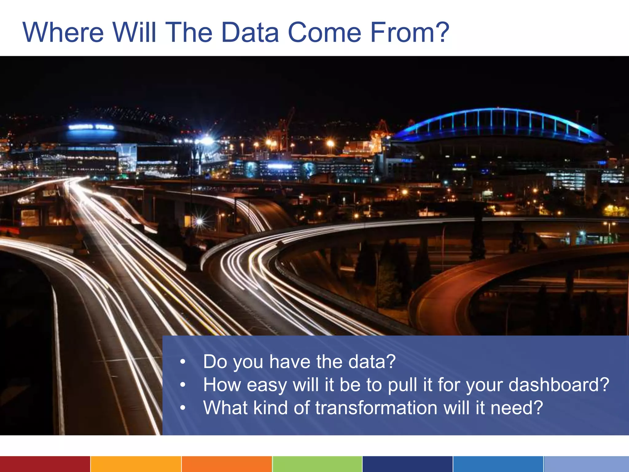 Where Will The Data Come From? 
• Do you have the data? 
• How easy will it be to pull it for your dashboard? 
• What kind of transformation will it need? 
 