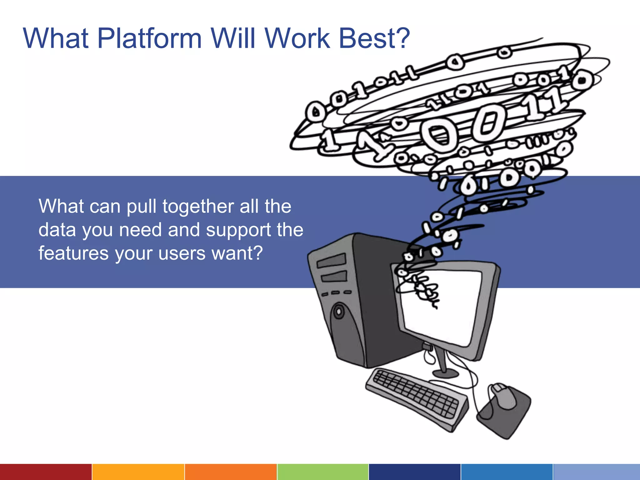 What Platform Will Work Best? 
What can pull together all the 
data you need and support the 
features your users want? 
 