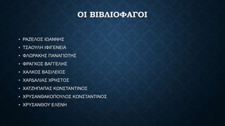 OI ΒΙΒΛΙΟΦΑΓΟΙ
• ΡΑΖΕΛΟΣ ΙΩΑΝΝΗΣ
• ΤΣΑΟΥΛΗ ΙΦΙΓΕΝΕΙΑ
• ΦΛΩΡΑΚΗΣ ΠΑΝΑΓΙΩΤΗΣ
• ΦΡΑΓΚΟΣ ΒΑΓΓΕΛΗΣ
• ΧΑΛΚΟΣ ΒΑΣΙΛΕΙΟΣ
• ΧΑΡΔΑΛΙΑΣ ΧΡΗΣΤΟΣ
• ΧΑΤΖΗΠΑΠΑΣ ΚΩΝΣΤΑΝΤΙΝΟΣ
• ΧΡΥΣΑΝΘΑΚΟΠΟΥΛΟΣ ΚΩΝΣΤΑΝΤΙΝΟΣ
• ΧΡΥΣΑΝΘΟΥ ΕΛΕΝΗ
 