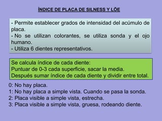 ÍNDICE DE PLACA DE SILNESS Y LÖE
- Permite establecer grados de intensidad del acúmulo de
placa.
- No se utilizan colorantes, se utiliza sonda y el ojo
humano.
- Utiliza 6 dientes representativos.
Se calcula índice de cada diente:
Puntuar de 0-3 cada superficie, sacar la media.
Después sumar índice de cada diente y dividir entre total.
0: No hay placa.
1: No hay placa a simple vista. Cuando se pasa la sonda.
2: Placa visible a simple vista, estrecha.
3: Placa visible a simple vista, gruesa, rodeando diente.
 