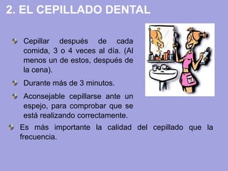 Cepillar después de cada
comida, 3 o 4 veces al día. (Al
menos un de estos, después de
la cena).
Durante más de 3 minutos.
Aconsejable cepillarse ante un
espejo, para comprobar que se
está realizando correctamente.
2. EL CEPILLADO DENTAL
Es más importante la calidad del cepillado que la
frecuencia.
 