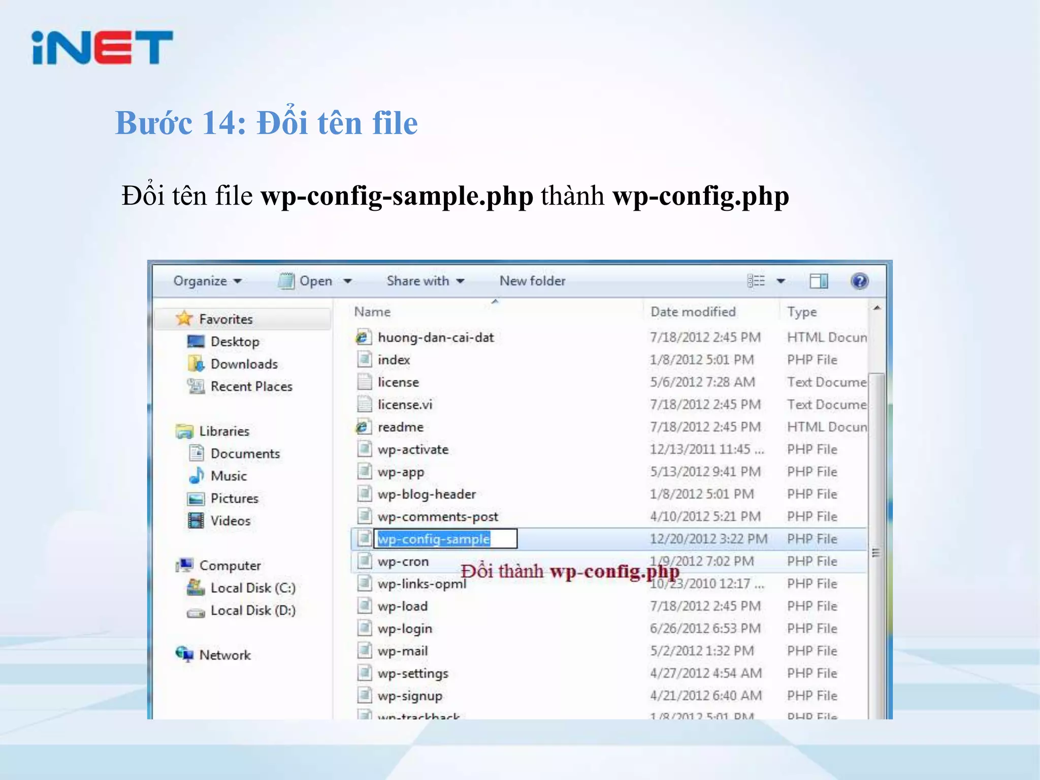Bước 14: Đổi tên file

Đổi tên file wp-config-sample.php thành wp-config.php
 