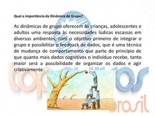 Qual a importância da Dinâmica de Grupo?

As dinâmicas de grupo oferecem às crianças, adolescentes e
adultos uma resposta às necessidades lúdicas escassas em
diversos ambientes, com o objetivo primeiro de integrar o
grupo e possibilitar o feedback de dados, que é uma técnica
de mudança de comportamento que parte do princípio de
que quanto mais dados cognitivos o indivíduo recebe, tanto
maior será a possibilidade de organizar os dados e agir
criativamente.
 