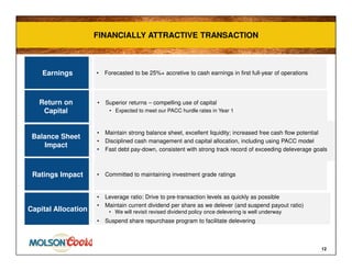 12
FINANCIALLY ATTRACTIVE TRANSACTIONFINANCIALLY ATTRACTIVE TRANSACTION
• Maintain strong balance sheet, excellent liquidity; increased free cash flow potential
• Disciplined cash management and capital allocation, including using PACC model
• Fast debt pay-down, consistent with strong track record of exceeding deleverage goals
Earnings
Ratings Impact
Return on
Capital
Balance Sheet
Impact
• Forecasted to be 25%+ accretive to cash earnings in first full-year of operations
• Committed to maintaining investment grade ratings
• Superior returns – compelling use of capital
• Expected to meet our PACC hurdle rates in Year 1
Capital Allocation
• Leverage ratio: Drive to pre-transaction levels as quickly as possible
• Maintain current dividend per share as we delever (and suspend payout ratio)
• We will revisit revised dividend policy once delevering is well underway
• Suspend share repurchase program to facilitate delevering
 