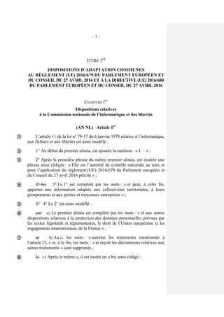 – 3 –
TITRE IER
DISPOSITIONS D’ADAPTATION COMMUNES
AU RÈGLEMENT (UE) 2016/679 DU PARLEMENT EUROPÉEN ET
DU CONSEIL DU 27 AV...