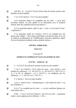 – 105 –
(AN NL) II. – Le titre Ier
du livre III du code de l’action sociale et des
familles est ainsi modifié :
1° Le V de l’article L. 313-12 est ainsi modifié :
a) La deuxième phrase est complétée par les mots : « , qu’il peut
lui-même réaliser, en cette qualité et en articulation avec le médecin
traitant, dans des conditions prévues par décret » ;
b) À la quatrième phrase, après le mot : « sont », il est inséré le mot :
« également » ;
2° Le deuxième alinéa de l’article L. 314-12 est complété par une
phrase ainsi rédigée : « Des clauses spécifiques sont prévues dans le cas où
le médecin coordonnateur de l’établissement intervient également auprès
d’un ou de plusieurs résidents comme médecin traitant. »
(AN NL) Article 41 bis
(Supprimé)
CHAPITRE IV
Améliorer les conditions de l’accès aux produits de santé
(AN NL) Article 65 42
I. – Le livre Ier
du code de la sécurité sociale est ainsi modifié :
1° Au 1° de l’article L. 133-4, après les mots : « des articles », sont
insérées les références : « L. 162-16-5-1-1, L. 162-16-5-2, L. 162-17-2-1, »
et, à la fin, la référence : « et L. 162-23-1 » est remplacée par les
références : « , L. 162-23-1 et L. 165-1-5 » ;
2° L’article L. 162-4 est ainsi modifié :
a) Au 1°, après le mot : « thérapeutiques », sont insérés les mots : « ou
des conditions » ;
b) Le 2° est complété par les mots : « , ou des conditions figurant sur
cette même liste » ;
2° bis 3° Au 2° du II de l’article L. 162-16-4, les mots : « quatrième
alinéa » sont remplacés par la référence : « III » ;











 