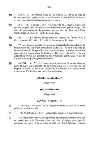 – 116 –
(AN 1) II. – Au premier alinéa du I de l’article L. 5121-12 du code de
la santé publique, après le mot : « médicaments », sont insérés les mots :
« , dans des indications thérapeutiques précises, ».
II bis III. – L’article L. 162-17-2-2 du code de la sécurité sociale est
également applicable aux médicaments homéopathiques pris en charge, à la
date de publication de la présente loi, au titre de l’une des listes
mentionnées à l’article L. 162-17 du même code.
III IV. – Le présent article entre en vigueur le 1er
mars 2019, à
l’exception des 11° 10° et 13° 12° du I ainsi que du III II bis.
IV V. – Jusqu’à l’entrée en vigueur du décret relatif aux conditions de
transmission de l’indication mentionné à l’article L. 162-16-5-3 du code de
la sécurité sociale, la répartition des volumes de vente selon les indications
nécessaires à l’application de l’article L. 162-16-5-1 du même code est
calculée au prorata des estimations des populations cibles réalisées par le
Comité économique des produits de santé.
(AN NL) V VI. – Le Gouvernement remet au Parlement, dans un
délai de deux ans à compter de la promulgation de la présente loi, un
rapport évaluant la mise en œuvre de l’ouverture des autorisations
temporaires d’utilisation à de nouvelles indications.
(AN NL) Article 42 bis A
(Supprimé)
(S1) Article 42 bis
(Supprimé)
(AN NL) Article 66 43
I. – Le titre II du livre Ier
de la cinquième partie du code de la santé
publique est ainsi modifié :
1° Le 5° de l’article L. 5121-1 est complété par des c et d ainsi rédigés :
« c) Spécialité hybride d’une spécialité de référence, une spécialité qui
ne répond pas à la définition d’une spécialité générique parce qu’elle
comporte par rapport à la spécialité de référence des différences relatives








 