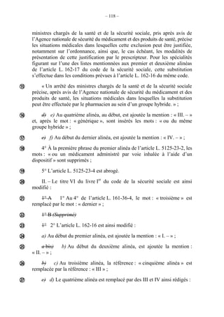 – 118 –
ministres chargés de la santé et de la sécurité sociale, pris après avis de
l’Agence nationale de sécurité du médicament et des produits de santé, précise
les situations médicales dans lesquelles cette exclusion peut être justifiée,
notamment sur l’ordonnance, ainsi que, le cas échéant, les modalités de
présentation de cette justification par le prescripteur. Pour les spécialités
figurant sur l’une des listes mentionnées aux premier et deuxième alinéas
de l’article L. 162-17 du code de la sécurité sociale, cette substitution
s’effectue dans les conditions prévues à l’article L. 162-16 du même code.
« Un arrêté des ministres chargés de la santé et de la sécurité sociale
précise, après avis de l’Agence nationale de sécurité du médicament et des
produits de santé, les situations médicales dans lesquelles la substitution
peut être effectuée par le pharmacien au sein d’un groupe hybride. » ;
d) e) Au quatrième alinéa, au début, est ajoutée la mention : « III. – »
et, après le mot : « générique », sont insérés les mots : « ou du même
groupe hybride » ;
e) f) Au début du dernier alinéa, est ajoutée la mention : « IV. – » ;
4° À la première phrase du premier alinéa de l’article L. 5125-23-2, les
mots : « ou un médicament administré par voie inhalée à l’aide d’un
dispositif » sont supprimés ;
5° L’article L. 5125-23-4 est abrogé.
II. – Le titre VI du livre Ier
du code de la sécurité sociale est ainsi
modifié :
1° A 1° Au 4° de l’article L. 161-36-4, le mot : « troisième » est
remplacé par le mot : « dernier » ;
1° B (Supprimé)
1° 2° L’article L. 162-16 est ainsi modifié :
a) Au début du premier alinéa, est ajoutée la mention : « I. – » ;
a bis) b) Au début du deuxième alinéa, est ajoutée la mention :
« II. – » ;
b) c) Au troisième alinéa, la référence : « cinquième alinéa » est
remplacée par la référence : « III » ;
c) d) Le quatrième alinéa est remplacé par des III et IV ainsi rédigés :













 
