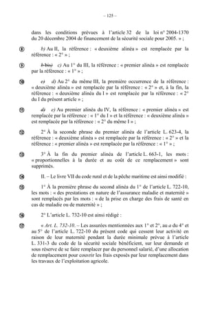 – 125 –
dans les conditions prévues à l’article 32 de la loi n° 2004-1370
du 20 décembre 2004 de financement de la sécurité sociale pour 2005. » ;
b) Au II, la référence : « deuxième alinéa » est remplacée par la
référence : « 2° » ;
b bis) c) Au 1° du III, la référence : « premier alinéa » est remplacée
par la référence : « 1° » ;
c) d) Au 2° du même III, la première occurrence de la référence :
« deuxième alinéa » est remplacée par la référence : « 2° » et, à la fin, la
référence : « deuxième alinéa du I » est remplacée par la référence : « 2°
du I du présent article » ;
d) e) Au premier alinéa du IV, la référence : « premier alinéa » est
remplacée par la référence : « 1° du I » et la référence : « deuxième alinéa »
est remplacée par la référence : « 2° du même I » ;
2° À la seconde phrase du premier alinéa de l’article L. 623-4, la
référence : « deuxième alinéa » est remplacée par la référence : « 2° » et la
référence : « premier alinéa » est remplacée par la référence : « 1° » ;
3° À la fin du premier alinéa de l’article L. 663-1, les mots :
« proportionnelles à la durée et au coût de ce remplacement » sont
supprimés.
II. – Le livre VII du code rural et de la pêche maritime est ainsi modifié :
1° À la première phrase du second alinéa du 1° de l’article L. 722-10,
les mots : « des prestations en nature de l’assurance maladie et maternité »
sont remplacés par les mots : « de la prise en charge des frais de santé en
cas de maladie ou de maternité » ;
2° L’article L. 732-10 est ainsi rédigé :
« Art. L. 732-10. – Les assurées mentionnées aux 1° et 2°, au a du 4° et
au 5° de l’article L. 722-10 du présent code qui cessent leur activité en
raison de leur maternité pendant la durée minimale prévue à l’article
L. 331-3 du code de la sécurité sociale bénéficient, sur leur demande et
sous réserve de se faire remplacer par du personnel salarié, d’une allocation
de remplacement pour couvrir les frais exposés par leur remplacement dans
les travaux de l’exploitation agricole.










 