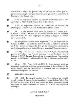 – 24 –
demandeurs d’emploi de quarante-cinq ans et plus ou conclus par les
groupements d’employeurs pour l’insertion et la qualification mentionnés à
l’article L. 1253-1 dudit code ;
3° Par les employeurs occupés aux activités mentionnées aux 1° à 4°
de l’article L. 722-1 du code rural et de la pêche maritime ;
4° Par les employeurs localisés en Guadeloupe, en Guyane, en
Martinique, à La Réunion, à Saint-Barthélemy et à Saint-Martin.
VII X. – Le présent article entre en vigueur le 1er
janvier 2019.
L’article L. 243-6-1 du code de la sécurité sociale dans sa rédaction
résultant du 10° 9° du I s’applique aux contrôles engagés à compter
du 1er
janvier 2019.
Par dérogation au premier alinéa du présent X VII, les dispositions de
l’article L. 5553-11 du code des transports dans sa rédaction résultant
du IV III entrent en vigueur dès lors que la Commission européenne a
confirmé que celles-ci sont compatibles avec le droit de l’Union européenne.
(AN NL) VII bis XI. – Avant le 1er
juin 2019, le Gouvernement
procède à l’évaluation de l’impact financier, pour les structures visées à
l’article L. 5132-7 du code du travail, de la suppression de l’exonération
dont les modalités sont mentionnées à l’article D. 241-6 du code de la sécurité
sociale.
VII ter XII. – Avant le 30 juin 2019, le Gouvernement remet au
Parlement un rapport indiquant les conséquences de la modification du
crédit d’impôt pour la compétitivité et l’emploi pour les entreprises
individuelles imposées sur le revenu.
VIII à XV. – (Supprimés)
XVI XIII. – La perte de recettes pour les organismes de sécurité
sociale résultant de l’extension aux travailleurs rémunérés jusqu’à 1,20 fois
le SMIC du dispositif « TO-DE » est compensée à due concurrence par la
majoration des droits mentionnés aux articles 575 et 575 A du code général
des impôts.
(AN NL) Article 8 bis A
(Supprimé)








 