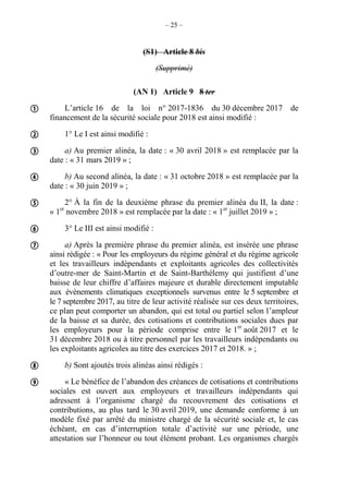 – 25 –
(S1) Article 8 bis
(Supprimé)
(AN 1) Article 9 8 ter
L’article 16 de la loi n° 2017-1836 du 30 décembre 2017 de
financement de la sécurité sociale pour 2018 est ainsi modifié :
1° Le I est ainsi modifié :
a) Au premier alinéa, la date : « 30 avril 2018 » est remplacée par la
date : « 31 mars 2019 » ;
b) Au second alinéa, la date : « 31 octobre 2018 » est remplacée par la
date : « 30 juin 2019 » ;
2° À la fin de la deuxième phrase du premier alinéa du II, la date :
« 1er
novembre 2018 » est remplacée par la date : « 1er
juillet 2019 » ;
3° Le III est ainsi modifié :
a) Après la première phrase du premier alinéa, est insérée une phrase
ainsi rédigée : « Pour les employeurs du régime général et du régime agricole
et les travailleurs indépendants et exploitants agricoles des collectivités
d’outre-mer de Saint-Martin et de Saint-Barthélemy qui justifient d’une
baisse de leur chiffre d’affaires majeure et durable directement imputable
aux évènements climatiques exceptionnels survenus entre le 5 septembre et
le 7 septembre 2017, au titre de leur activité réalisée sur ces deux territoires,
ce plan peut comporter un abandon, qui est total ou partiel selon l’ampleur
de la baisse et sa durée, des cotisations et contributions sociales dues par
les employeurs pour la période comprise entre le 1er
août 2017 et le
31 décembre 2018 ou à titre personnel par les travailleurs indépendants ou
les exploitants agricoles au titre des exercices 2017 et 2018. » ;
b) Sont ajoutés trois alinéas ainsi rédigés :
« Le bénéfice de l’abandon des créances de cotisations et contributions
sociales est ouvert aux employeurs et travailleurs indépendants qui
adressent à l’organisme chargé du recouvrement des cotisations et
contributions, au plus tard le 30 avril 2019, une demande conforme à un
modèle fixé par arrêté du ministre chargé de la sécurité sociale et, le cas
échéant, en cas d’interruption totale d’activité sur une période, une
attestation sur l’honneur ou tout élément probant. Les organismes chargés









 
