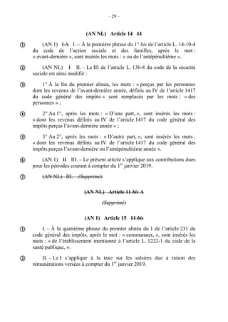 – 29 –
(AN NL) Article 14 11
(AN 1) I A I. – À la première phrase du 1° bis de l’article L. 14-10-4
du code de l’action sociale et des familles, après le mot :
« avant-dernière », sont insérés les mots : « ou de l’antépénultième ».
(AN NL) I II. – Le III de l’article L. 136-8 du code de la sécurité
sociale est ainsi modifié :
1° À la fin du premier alinéa, les mots : « perçus par les personnes
dont les revenus de l’avant-dernière année, définis au IV de l’article 1417
du code général des impôts » sont remplacés par les mots : « des
personnes » ;
2° Au 1°, après les mots : « D’une part, », sont insérés les mots :
« dont les revenus définis au IV de l’article 1417 du code général des
impôts perçus l’avant-dernière année » ;
3° Au 2°, après les mots : « D’autre part, », sont insérés les mots :
« dont les revenus définis au IV de l’article 1417 du code général des
impôts perçus l’avant-dernière ou l’antépénultième année ».
(AN 1) II III. – Le présent article s’applique aux contributions dues
pour les périodes courant à compter du 1er
janvier 2019.
(AN NL) III. – (Supprimé)
(AN NL) Article 11 bis A
(Supprimé)
(AN 1) Article 15 11 bis
I. – À la quatrième phrase du premier alinéa du 1 de l’article 231 du
code général des impôts, après le mot : « communaux, », sont insérés les
mots : « de l’établissement mentionné à l’article L. 1222-1 du code de la
santé publique, ».
II. – Le I s’applique à la taxe sur les salaires due à raison des
rémunérations versées à compter du 1er
janvier 2019.









 