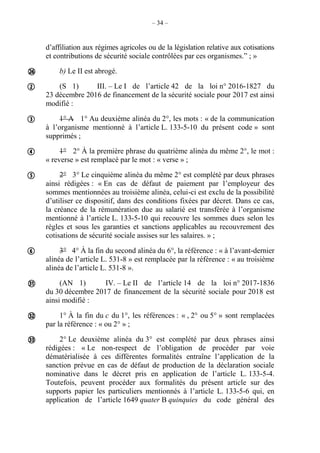 – 34 –
d’affiliation aux régimes agricoles ou de la législation relative aux cotisations
et contributions de sécurité sociale contrôlées par ces organismes.” ; »
b) Le II est abrogé.
(S 1) III. – Le I de l’article 42 de la loi n° 2016-1827 du
23 décembre 2016 de financement de la sécurité sociale pour 2017 est ainsi
modifié :
1° A 1° Au deuxième alinéa du 2°, les mots : « de la communication
à l’organisme mentionné à l’article L. 133-5-10 du présent code » sont
supprimés ;
1° 2° À la première phrase du quatrième alinéa du même 2°, le mot :
« reverse » est remplacé par le mot : « verse » ;
2° 3° Le cinquième alinéa du même 2° est complété par deux phrases
ainsi rédigées : « En cas de défaut de paiement par l’employeur des
sommes mentionnées au troisième alinéa, celui-ci est exclu de la possibilité
d’utiliser ce dispositif, dans des conditions fixées par décret. Dans ce cas,
la créance de la rémunération due au salarié est transférée à l’organisme
mentionné à l’article L. 133-5-10 qui recouvre les sommes dues selon les
règles et sous les garanties et sanctions applicables au recouvrement des
cotisations de sécurité sociale assises sur les salaires. » ;
3° 4° À la fin du second alinéa du 6°, la référence : « à l’avant-dernier
alinéa de l’article L. 531-8 » est remplacée par la référence : « au troisième
alinéa de l’article L. 531-8 ».
(AN 1) IV. – Le II de l’article 14 de la loi n° 2017-1836
du 30 décembre 2017 de financement de la sécurité sociale pour 2018 est
ainsi modifié :
1° À la fin du c du 1°, les références : « , 2° ou 5° » sont remplacées
par la référence : « ou 2° » ;
2° Le deuxième alinéa du 3° est complété par deux phrases ainsi
rédigées : « Le non-respect de l’obligation de procéder par voie
dématérialisée à ces différentes formalités entraîne l’application de la
sanction prévue en cas de défaut de production de la déclaration sociale
nominative dans le décret pris en application de l’article L. 133-5-4.
Toutefois, peuvent procéder aux formalités du présent article sur des
supports papier les particuliers mentionnés à l’article L. 133-5-6 qui, en
application de l’article 1649 quater B quinquies du code général des









 