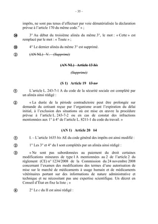 – 35 –
impôts, ne sont pas tenus d’effectuer par voie dématérialisée la déclaration
prévue à l’article 170 du même code.” » ;
3° Au début du troisième alinéa du même 3°, le mot : « Cette » est
remplacé par le mot : « Toute » ;
4° Le dernier alinéa du même 3° est supprimé.
(AN NL) V. – (Supprimé)
(AN NL) Article 13 bis
(Supprimé)
(S 1) Article 19 13 ter
L’article L. 243-7-1 A du code de la sécurité sociale est complété par
un alinéa ainsi rédigé :
« La durée de la période contradictoire peut être prolongée sur
demande du cotisant reçue par l’organisme avant l’expiration du délai
initial, à l’exclusion des situations où est mise en œuvre la procédure
prévue à l’article L. 243-7-2 ou en cas de constat des infractions
mentionnées aux 1° à 4° de l’article L. 8211-1 du code du travail. »
(AN 1) Article 20 14
I. – L’article 1635 bis AE du code général des impôts est ainsi modifié :
1° Les 3° et 4° du I sont complétés par un alinéa ainsi rédigé :
« Ne sont pas subordonnées au paiement du droit certaines
modifications mineures de type I A mentionnées au 2 de l’article 2 du
règlement (CE) n° 1234/2008 de la Commission du 24 novembre 2008
concernant l’examen des modifications des termes d’une autorisation de
mise sur le marché de médicaments à usage humain et de médicaments
vétérinaires portant sur des informations de nature administrative et
technique et ne nécessitant pas une expertise scientifique. Un décret en
Conseil d’État en fixe la liste ; »
2° Le c du II est ainsi rédigé :









 