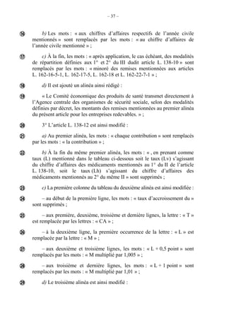 – 37 –
b) Les mots : « aux chiffres d’affaires respectifs de l’année civile
mentionnés » sont remplacés par les mots : « au chiffre d’affaires de
l’année civile mentionné » ;
c) À la fin, les mots : « après application, le cas échéant, des modalités
de répartition définies aux 1° et 2° du III dudit article L. 138-10 » sont
remplacés par les mots : « minoré des remises mentionnées aux articles
L. 162-16-5-1, L. 162-17-5, L. 162-18 et L. 162-22-7-1 » ;
d) Il est ajouté un alinéa ainsi rédigé :
« Le Comité économique des produits de santé transmet directement à
l’Agence centrale des organismes de sécurité sociale, selon des modalités
définies par décret, les montants des remises mentionnées au premier alinéa
du présent article pour les entreprises redevables. » ;
3° L’article L. 138-12 est ainsi modifié :
a) Au premier alinéa, les mots : « chaque contribution » sont remplacés
par les mots : « la contribution » ;
b) À la fin du même premier alinéa, les mots : « , en prenant comme
taux (L) mentionné dans le tableau ci-dessous soit le taux (Lv) s’agissant
du chiffre d’affaires des médicaments mentionnés au 1° du II de l’article
L. 138-10, soit le taux (Lh) s’agissant du chiffre d’affaires des
médicaments mentionnés au 2° du même II » sont supprimés ;
c) La première colonne du tableau du deuxième alinéa est ainsi modifiée :
– au début de la première ligne, les mots : « taux d’accroissement du »
sont supprimés ;
– aux première, deuxième, troisième et dernière lignes, la lettre : « T »
est remplacée par les lettres : « CA » ;
– à la deuxième ligne, la première occurrence de la lettre : « L » est
remplacée par la lettre : « M » ;
– aux deuxième et troisième lignes, les mots : « L + 0,5 point » sont
remplacés par les mots : « M multiplié par 1,005 » ;
– aux troisième et dernière lignes, les mots : « L + 1 point » sont
remplacés par les mots : « M multiplié par 1,01 » ;
d) Le troisième alinéa est ainsi modifié :














 