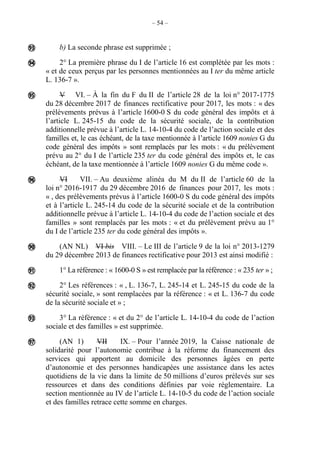 – 54 –
b) La seconde phrase est supprimée ;
2° La première phrase du I de l’article 16 est complétée par les mots :
« et de ceux perçus par les personnes mentionnées au I ter du même article
L. 136-7 ».
V VI. – À la fin du F du II de l’article 28 de la loi n° 2017-1775
du 28 décembre 2017 de finances rectificative pour 2017, les mots : « des
prélèvements prévus à l’article 1600-0 S du code général des impôts et à
l’article L. 245-15 du code de la sécurité sociale, de la contribution
additionnelle prévue à l’article L. 14-10-4 du code de l’action sociale et des
familles et, le cas échéant, de la taxe mentionnée à l’article 1609 nonies G du
code général des impôts » sont remplacés par les mots : « du prélèvement
prévu au 2° du I de l’article 235 ter du code général des impôts et, le cas
échéant, de la taxe mentionnée à l’article 1609 nonies G du même code ».
VI VII. – Au deuxième alinéa du M du II de l’article 60 de la
loi n° 2016-1917 du 29 décembre 2016 de finances pour 2017, les mots :
« , des prélèvements prévus à l’article 1600-0 S du code général des impôts
et à l’article L. 245-14 du code de la sécurité sociale et de la contribution
additionnelle prévue à l’article L. 14-10-4 du code de l’action sociale et des
familles » sont remplacés par les mots : « et du prélèvement prévu au 1°
du I de l’article 235 ter du code général des impôts ».
(AN NL) VI bis VIII. – Le III de l’article 9 de la loi n° 2013-1279
du 29 décembre 2013 de finances rectificative pour 2013 est ainsi modifié :
1° La référence : « 1600-0 S » est remplacée par la référence : « 235 ter » ;
2° Les références : « , L. 136-7, L. 245-14 et L. 245-15 du code de la
sécurité sociale, » sont remplacées par la référence : « et L. 136-7 du code
de la sécurité sociale et » ;
3° La référence : « et du 2° de l’article L. 14-10-4 du code de l’action
sociale et des familles » est supprimée.
(AN 1) VII IX. – Pour l’année 2019, la Caisse nationale de
solidarité pour l’autonomie contribue à la réforme du financement des
services qui apportent au domicile des personnes âgées en perte
d’autonomie et des personnes handicapées une assistance dans les actes
quotidiens de la vie dans la limite de 50 millions d’euros prélevés sur ses
ressources et dans des conditions définies par voie réglementaire. La
section mentionnée au IV de l’article L. 14-10-5 du code de l’action sociale
et des familles retrace cette somme en charges.









 