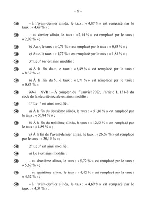 – 59 –
– à l’avant-dernier alinéa, le taux : « 4,87 % » est remplacé par le
taux : « 4,69 % » ;
– au dernier alinéa, le taux : « 2,14 % » est remplacé par le taux :
« 2,02 % » ;
b) Au c, le taux : « 0,71 % » est remplacé par le taux : « 0,83 % » ;
c) Au e, le taux : « 1,77 % » est remplacé par le taux : « 1,83 % » ;
3° Le 3° bis est ainsi modifié :
a) À la fin du a, le taux : « 8,49 % » est remplacé par le taux :
« 8,37 % » ;
b) À la fin du b, le taux : « 0,71 % » est remplacé par le taux :
« 0,83 % ».
XVI XVIII. – À compter du 1er
janvier 2022, l’article L. 131-8 du
code de la sécurité sociale est ainsi modifié :
1° Le 1° est ainsi modifié :
a) À la fin du deuxième alinéa, le taux : « 51,16 % » est remplacé par
le taux : « 50,94 % » ;
b) À la fin du troisième alinéa, le taux : « 12,13 % » est remplacé par
le taux : « 8,89 % » ;
c) À la fin de l’avant-dernier alinéa, le taux : « 26,69 % » est remplacé
par le taux : « 30,15 % » ;
2° Le 3° est ainsi modifié :
a) Le b est ainsi modifié :
– au deuxième alinéa, le taux : « 5,72 % » est remplacé par le taux :
« 5,62 % » ;
– au quatrième alinéa, le taux : « 4,42 % » est remplacé par le taux :
« 4,32 % » ;
– à l’avant-dernier alinéa, le taux : « 4,69 % » est remplacé par le
taux : « 4,54 % » ;

















 