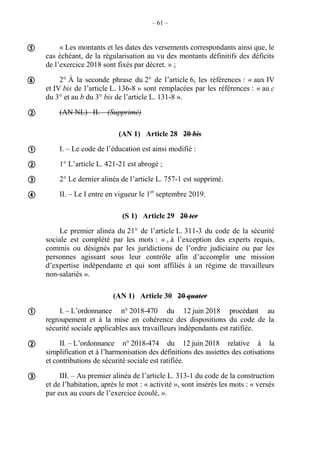 – 61 –
« Les montants et les dates des versements correspondants ainsi que, le
cas échéant, de la régularisation au vu des montants définitifs des déficits
de l’exercice 2018 sont fixés par décret. » ;
2° À la seconde phrase du 2° de l’article 6, les références : « aux IV
et IV bis de l’article L. 136-8 » sont remplacées par les références : « au c
du 3° et au b du 3° bis de l’article L. 131-8 ».
(AN NL) II. – (Supprimé)
(AN 1) Article 28 20 bis
I. – Le code de l’éducation est ainsi modifié :
1° L’article L. 421-21 est abrogé ;
2° Le dernier alinéa de l’article L. 757-1 est supprimé.
II. – Le I entre en vigueur le 1er
septembre 2019.
(S 1) Article 29 20 ter
Le premier alinéa du 21° de l’article L. 311-3 du code de la sécurité
sociale est complété par les mots : « , à l’exception des experts requis,
commis ou désignés par les juridictions de l’ordre judiciaire ou par les
personnes agissant sous leur contrôle afin d’accomplir une mission
d’expertise indépendante et qui sont affiliés à un régime de travailleurs
non-salariés ».
(AN 1) Article 30 20 quater
I. – L’ordonnance n° 2018-470 du 12 juin 2018 procédant au
regroupement et à la mise en cohérence des dispositions du code de la
sécurité sociale applicables aux travailleurs indépendants est ratifiée.
II. – L’ordonnance n° 2018-474 du 12 juin 2018 relative à la
simplification et à l’harmonisation des définitions des assiettes des cotisations
et contributions de sécurité sociale est ratifiée.
III. – Au premier alinéa de l’article L. 313-1 du code de la construction
et de l’habitation, après le mot : « activité », sont insérés les mots : « versés
par eux au cours de l’exercice écoulé, ».










 