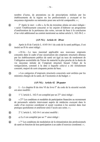– 70 –
nombre d’actes, de prestations ou de prescriptions réalisés par les
établissements de la région ou les professionnels y exerçant et les
moyennes régionales ou nationales pour une activité comparable. » ;
2° Après le mot : « elle », la fin du troisième alinéa est ainsi rédigée :
« saisit l’établissement concerné et lui enjoint d’élaborer un programme
d’amélioration de la pertinence des soins, servant de base à la conclusion
d’un volet additionnel au contrat mentionné au même article L. 162-30-2. »
(AN NL) Article 41 29 ter
Après le II de l’article L. 6145-16-1 du code de la santé publique, il est
inséré un II bis ainsi rédigé :
« II bis. – Le taux maximal applicable aux nouveaux emprunts
consentis dans le cadre d’une sécurisation des emprunts structurés détenus
par les établissements publics de santé est égal au taux de rendement de
l’obligation assimilable du Trésor de maturité la plus proche de la durée de
vie moyenne initiale de l’emprunt structuré faisant l’objet de la
renégociation, constaté à la date à laquelle celui-ci a été initialement
consenti, majoré de cent cinquante points de base.
« Les catégories d’emprunts structurés concernés sont arrêtées par les
ministres chargés de la santé, de l’économie et du budget. »
(AN NL) Article 42 29 quater
I. – Le chapitre II du titre VI du livre Ier
du code de la sécurité sociale
est ainsi modifié :
1° L’article L. 162-5 est complété par un 27° ainsi rédigé :
« 27° Les conditions et modalités de participation financière au recrutement
de personnels salariés intervenant auprès de médecins exerçant dans le
cadre d’un exercice coordonné et ayant vocation à les assister dans leur
pratique quotidienne et améliorer ainsi l’accès aux soins. » ;
2° L’article L. 162-14-1 est ainsi modifié :
a) Le I est complété par un 7° ainsi rédigé :
« 7° Les conditions de modulation de la rémunération des professionnels
de santé en fonction de leur participation à un cadre d’exercice coordonné. » ;










 