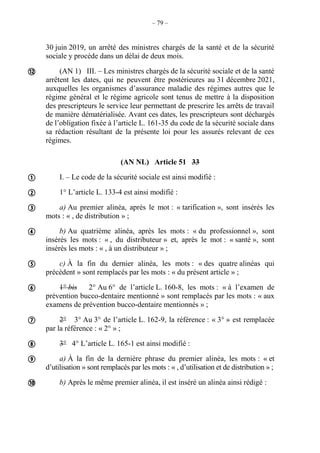– 79 –
30 juin 2019, un arrêté des ministres chargés de la santé et de la sécurité
sociale y procède dans un délai de deux mois.
(AN 1) III. – Les ministres chargés de la sécurité sociale et de la santé
arrêtent les dates, qui ne peuvent être postérieures au 31 décembre 2021,
auxquelles les organismes d’assurance maladie des régimes autres que le
régime général et le régime agricole sont tenus de mettre à la disposition
des prescripteurs le service leur permettant de prescrire les arrêts de travail
de manière dématérialisée. Avant ces dates, les prescripteurs sont déchargés
de l’obligation fixée à l’article L. 161-35 du code de la sécurité sociale dans
sa rédaction résultant de la présente loi pour les assurés relevant de ces
régimes.
(AN NL) Article 51 33
I. – Le code de la sécurité sociale est ainsi modifié :
1° L’article L. 133-4 est ainsi modifié :
a) Au premier alinéa, après le mot : « tarification », sont insérés les
mots : « , de distribution » ;
b) Au quatrième alinéa, après les mots : « du professionnel », sont
insérés les mots : « , du distributeur » et, après le mot : « santé », sont
insérés les mots : « , à un distributeur » ;
c) À la fin du dernier alinéa, les mots : « des quatre alinéas qui
précèdent » sont remplacés par les mots : « du présent article » ;
1° bis 2° Au 6° de l’article L. 160-8, les mots : « à l’examen de
prévention bucco-dentaire mentionné » sont remplacés par les mots : « aux
examens de prévention bucco-dentaire mentionnés » ;
2° 3° Au 3° de l’article L. 162-9, la référence : « 3° » est remplacée
par la référence : « 2° » ;
3° 4° L’article L. 165-1 est ainsi modifié :
a) À la fin de la dernière phrase du premier alinéa, les mots : « et
d’utilisation » sont remplacés par les mots : « , d’utilisation et de distribution » ;
b) Après le même premier alinéa, il est inséré un alinéa ainsi rédigé :











 