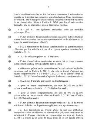 – 9 –
dont le salarié est redevable au titre des heures concernées. La réduction est
imputée sur le montant des cotisations salariales d’origine légale mentionnées
à l’article L. 241-3 dues pour chaque salarié concerné au titre de l’ensemble
de sa rémunération définie à l’article L. 242-1 pour les périodes au titre
desquelles elle est attribuée et ne peut dépasser ce montant.
« III. – Les I et II sont également applicables, selon des modalités
prévues par décret :
« 1° Aux éléments de rémunération versés aux agents publics titulaires
et non titulaires au titre des heures supplémentaires qu’ils réalisent ou du
temps de travail additionnel effectif ;
« 2° À la rémunération des heures supplémentaires ou complémentaires
effectuées par les salariés relevant des régimes spéciaux mentionnés à
l’article L. 711-1.
« IV. – La réduction prévue au I s’applique :
« 1° Aux rémunérations mentionnées au même I et, en ce qui concerne
la majoration salariale correspondante, dans la limite :
« a) Des taux prévus par la convention ou l’accord collectif applicable
mentionné au I de l’article L. 3121-33 du code du travail s’agissant des
heures supplémentaires et à l’article L. 3123-21 ou au dernier alinéa de
l’article L. 3123-22 du même code s’agissant des heures complémentaires ;
« b) À défaut d’une telle convention ou d’un tel accord :
« – pour les heures supplémentaires, des taux de 25 % ou de 50 %
prévus, selon les cas, à l’article L. 3121-36 du même code ;
« – pour les heures complémentaires, des taux de 10 % ou de 25 %
prévus, selon les cas, au dernier alinéa de l’article L. 3123-22 ou à l’article
L. 3123-29 du même code ;
« 2° Aux éléments de rémunération mentionnés au 1° du III du présent
article dans la limite des dispositions applicables aux agents concernés.
« V. – Les dispositions du présent article ne sont pas applicables
lorsque les salaires ou éléments de rémunération qui y sont mentionnés se
substituent à d’autres éléments de rémunération au sens de l’article
L. 242-1, à moins qu’un délai de douze mois ne se soit écoulé entre le











 