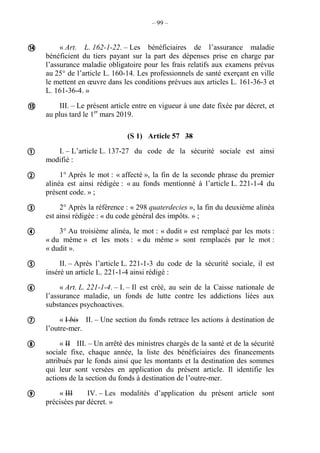 – 99 –
« Art. L. 162-1-22. – Les bénéficiaires de l’assurance maladie
bénéficient du tiers payant sur la part des dépenses prise en charge par
l’assurance maladie obligatoire pour les frais relatifs aux examens prévus
au 25° de l’article L. 160-14. Les professionnels de santé exerçant en ville
le mettent en œuvre dans les conditions prévues aux articles L. 161-36-3 et
L. 161-36-4. »
III. – Le présent article entre en vigueur à une date fixée par décret, et
au plus tard le 1er
mars 2019.
(S 1) Article 57 38
I. – L’article L. 137-27 du code de la sécurité sociale est ainsi
modifié :
1° Après le mot : « affecté », la fin de la seconde phrase du premier
alinéa est ainsi rédigée : « au fonds mentionné à l’article L. 221-1-4 du
présent code. » ;
2° Après la référence : « 298 quaterdecies », la fin du deuxième alinéa
est ainsi rédigée : « du code général des impôts. » ;
3° Au troisième alinéa, le mot : « dudit » est remplacé par les mots :
« du même » et les mots : « du même » sont remplacés par le mot :
« dudit ».
II. – Après l’article L. 221-1-3 du code de la sécurité sociale, il est
inséré un article L. 221-1-4 ainsi rédigé :
« Art. L. 221-1-4. – I. – Il est créé, au sein de la Caisse nationale de
l’assurance maladie, un fonds de lutte contre les addictions liées aux
substances psychoactives.
« I bis II. – Une section du fonds retrace les actions à destination de
l’outre-mer.
« II III. – Un arrêté des ministres chargés de la santé et de la sécurité
sociale fixe, chaque année, la liste des bénéficiaires des financements
attribués par le fonds ainsi que les montants et la destination des sommes
qui leur sont versées en application du présent article. Il identifie les
actions de la section du fonds à destination de l’outre-mer.
« III IV. – Les modalités d’application du présent article sont
précisées par décret. »











 