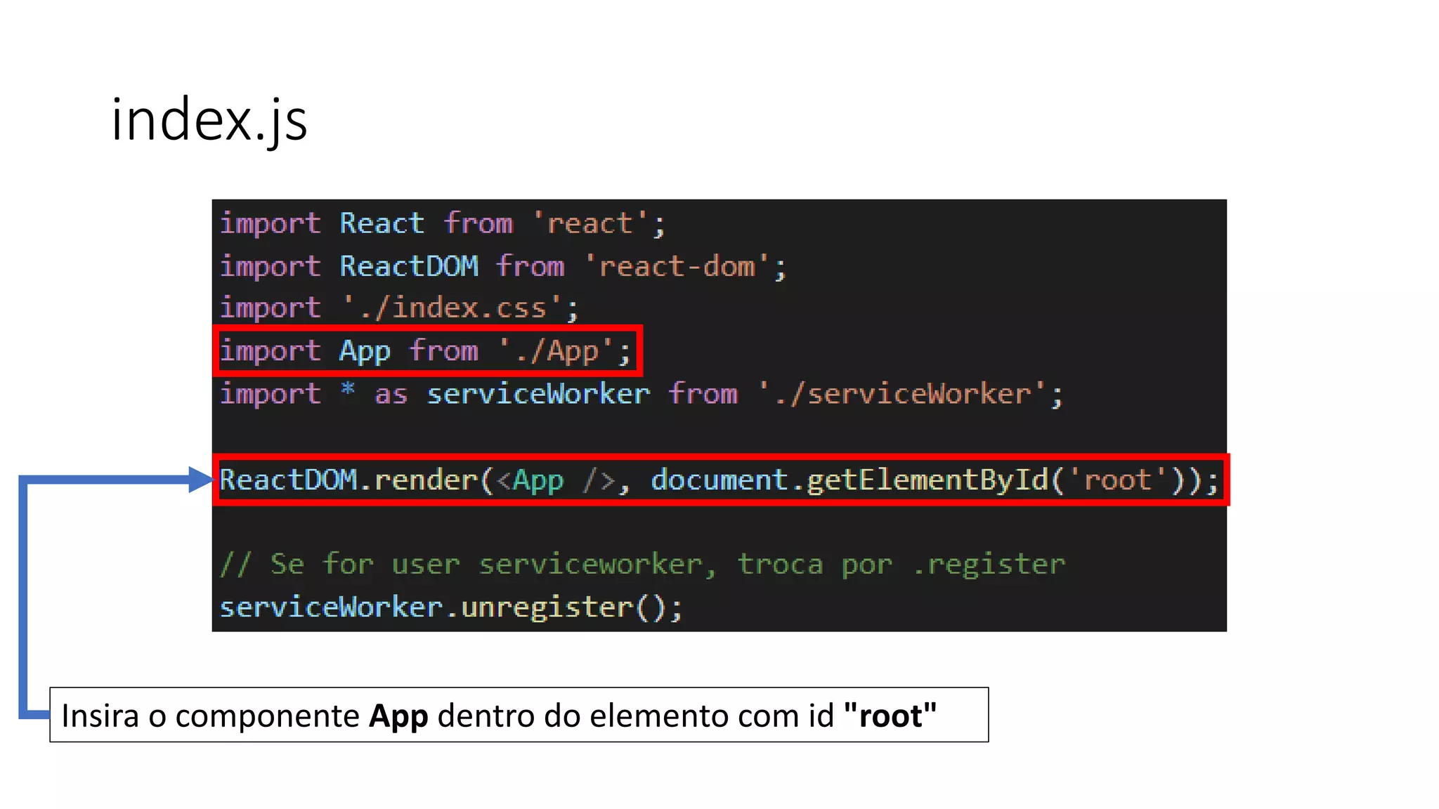 index.js
Insira o componente App dentro do elemento com id "root"
 