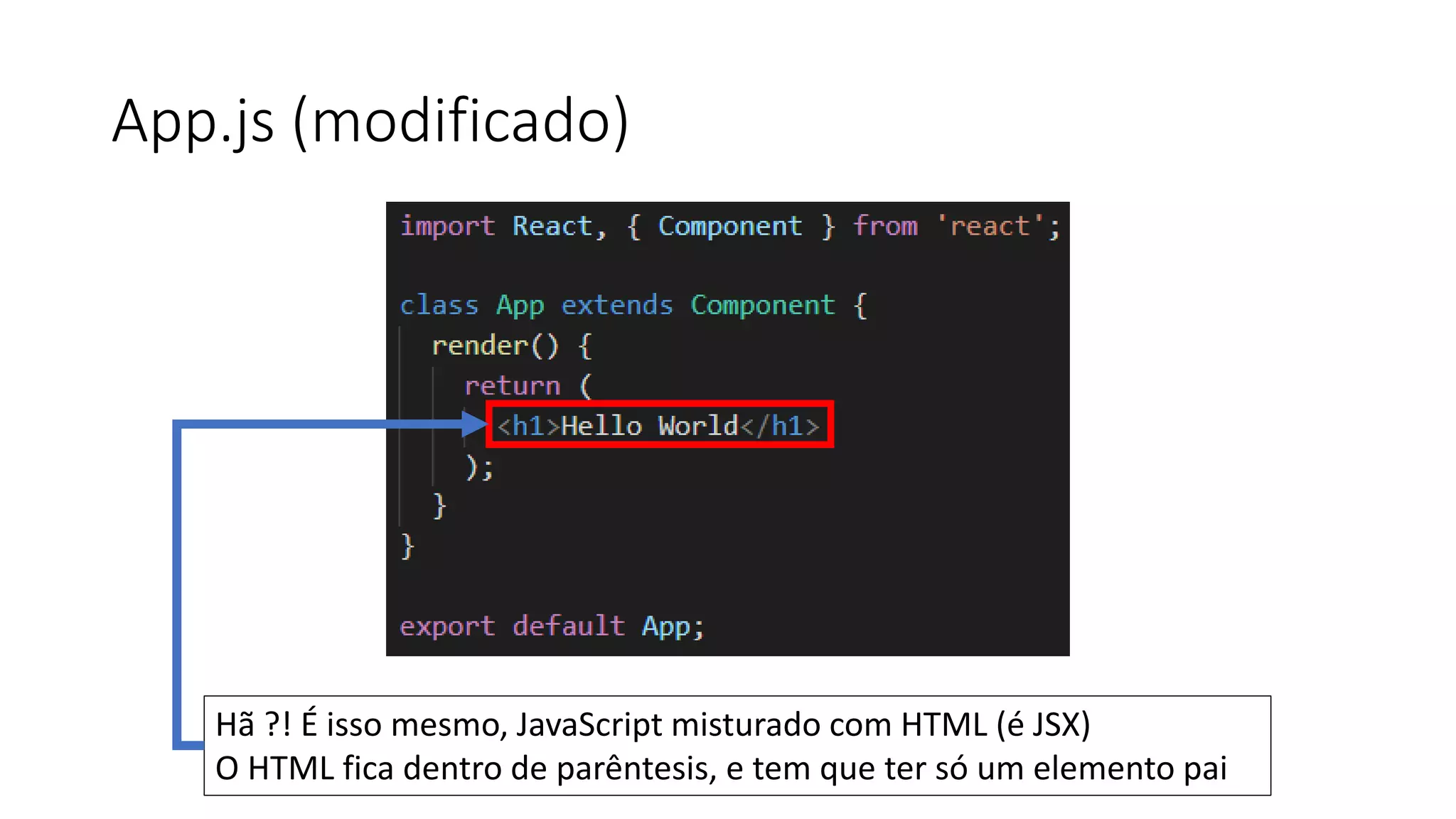 App.js (modificado)
Hã ?! É isso mesmo, JavaScript misturado com HTML (é JSX)
O HTML fica dentro de parêntesis, e tem que ter só um elemento pai
 