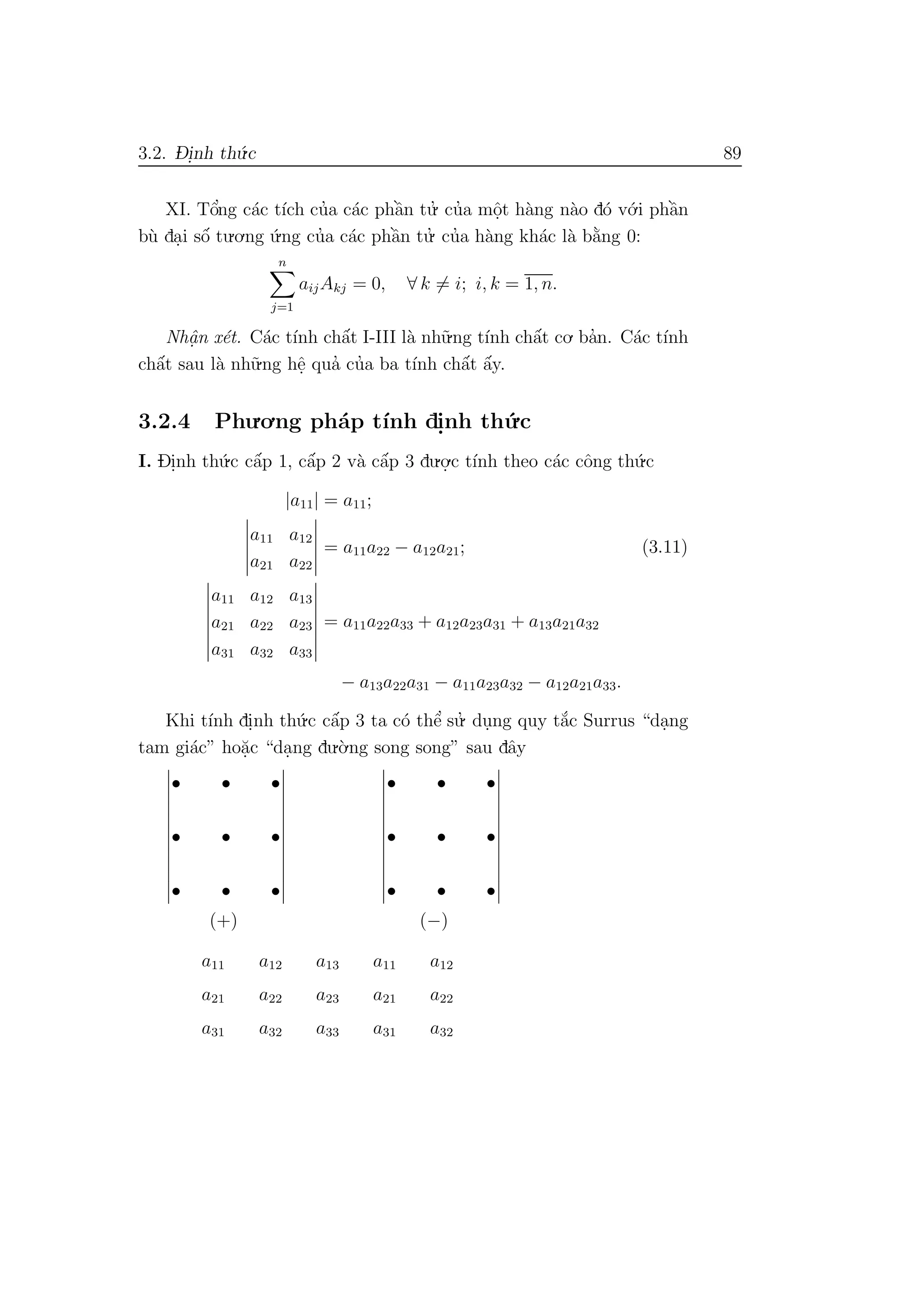3.2. D- i.nh th´u.c 89
XI. Tˆo’ng c´ac t´ıch cu’a c´ac phˆa`n tu.’ cu’a mˆo.t h`ang n`ao d´o v´o.i phˆa`n
b`u da.i sˆo´ tu.o.ng ´u.ng cu’a c´ac phˆa`n tu.’ cu’a h`ang kh´ac l`a b˘a`ng 0:
n
j=1
aijAkj = 0, ∀ k = i; i, k = 1, n.
Nhˆa. n x´et. C´ac t´ınh chˆa´t I-III l`a nh˜u.ng t´ınh chˆa´t co. ba’n. C´ac t´ınh
chˆa´t sau l`a nh˜u.ng hˆe. qua’ cu’a ba t´ınh chˆa´t ˆa´y.
3.2.4 Phu.o.ng ph´ap t´ınh di.nh th´u.c
I. Di.nh th´u.c cˆa´p 1, cˆa´p 2 v`a cˆa´p 3 du.o.
.c t´ınh theo c´ac cˆong th´u.c
|a11| = a11;
a11 a12
a21 a22
= a11a22 − a12a21; (3.11)
a11 a12 a13
a21 a22 a23
a31 a32 a33
= a11a22a33 + a12a23a31 + a13a21a32
− a13a22a31 − a11a23a32 − a12a21a33.
Khi t´ınh di.nh th´u.c cˆa´p 3 ta c´o thˆe’ su.’ du.ng quy t˘a´c Surrus “da.ng
tam gi´ac” ho˘a.c “da.ng du.`o.ng song song” sau dˆay
• • •
• • •
• • •
• • •
• • •
• • •
(+) (−)
a11 a12 a13 a11 a12
a21 a22 a23 a21 a22
a31 a32 a33 a31 a32
 