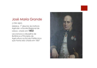 José Maria Grande
(1799-1857)
Médico, 1º director do Instituto
Agrícola e Escola Regional de
Lisboa criado em 1852
Leccionava a disciplina de
Botãnica e Princípios de
Agricultura na Escola Politécnica
que havia sido criada em 1837
 