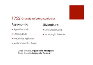 1952 Grande reforma curricular
Agronomia
¡  Agro-Pecuária
¡  Fitosanidade
¡  Indúsrtrias Agrícolas
¡  Melhoramentos Rurais
Silvicultura
¡  Silvicultura Geral
¡  Tecnologia florestal
Curso livre de Arquitectura Paisagista
Curso livre de Agronomia Tropical
 