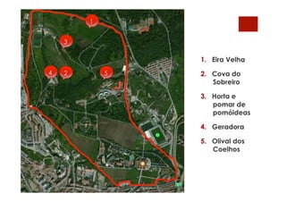 1.  Eira Velha
2.  Cova do
Sobreiro
3.  Horta e
pomar de
pomóideas
4.  Geradora
5.  Olival dos
Coelhos
1
2
3
4 5
 