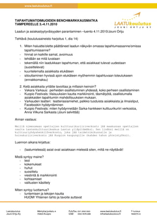 TAPAHTUMATOIMIJOIDEN BENCHMARKKAUSMATKA
TAMPEREELLE 3.-4.11.2010
Laadun ja asiakastyytyväisyyden parantaminen –luento 4.11.2010/Jouni Ortju
Tehtävä (koulutusaineisto harjoitus 1, dia 14)
1. Miten haluatte/olette päättäneet laadun näkyvän omassa tapahtumassanne/omissa
tapahtumissanne?
- hinnat on kaikille samat, avoimuus
- tehdään se mitä luvataan
- tekemällä niin laadukkaan tapahtuman, että asiakkaat tulevat uudestaan
(suosittelevat)
- kuuntelemalla asiakkaita etukäteen
- sitouttaminen hyvissä ajoin etukäteen myöhemmin tapahtuvaan toteutukseen
(ennakkomaksu)
2. Ketä asiakkaita yritätte tavoittaa ja millaisin keinoin?
- Vekara Varkaus: perheiden osallistuminen yhdessä, koko perheen osallistaminen
- Kuopio Festivals: tilaisuuksien kautta markkinointi, täsmätyötä, osallistumalla
asiakkaiden tapahtumiin mahdollisuuksien mukaan.
- Varkauden teatteri: teatteriasiamiehet, palkkio tuoduista asiakkaista ja ilmaisliput,
Facebookin hyödyntäminen
- Kuopio Festivals: miten hyödynnetään Sarka-hankkeen kulttuurikuriiri verkostoa,
Anna Vilkuna Sarkasta (Jouni selvittää)
Annan vastaus:
Meillä nimenomaan opettajien kulttuurikuriiriverkosto jää maakunnan opettajien
osalta Lastenkulttuurikeskus Lastun ylläpitämäksi. Sen lisäksi meillä on
kulttuuriyhdyshenkilöverkosto, joka jää taidetoimikunnalle ja
hoivakuriiriverkosto jää Kuopion kaupungille (kahden tahon yhteistyöksi).
Luennon aikana kirjattua:
- (laatumielessä) asiat ovat asiakkaan mielestä siten, miltä ne näyttävät!
Mistä syntyy maine?
- teot
- kokemukset
- huhut
- suosittelu
- viestintä & markkinointi
- kohtaamiset
- valitusten käsittely
Miten syntyy luottamus?
- tuntemisen ja tekojen kautta
HUOM! Yhteinen tahto ja tavoite auttavat
 