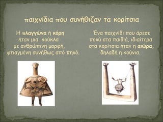 Η πλαγγώνa ή κόρη
ήταν μια κούκλα
με ανθρώπινη μορφή,
φτιαγμένη συνήθως από πηλό.
Ένα παιχνίδι που άρεσε
πολύ στα παιδιά, ιδιαίτερα
στα κορίτσια ήταν η αιώρα,
δηλαδή η κούνια.
 