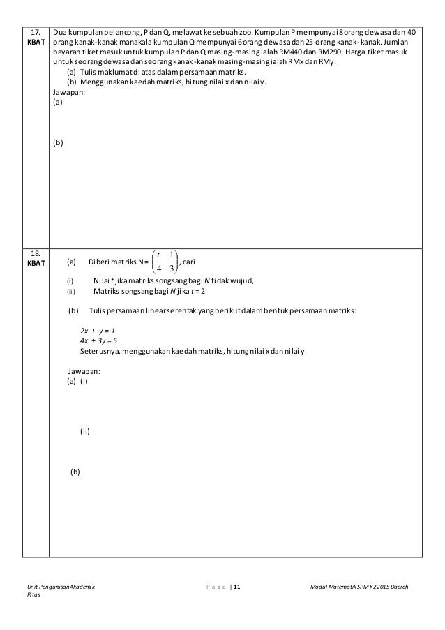 Soalan Kbat Matriks Tingkatan 5