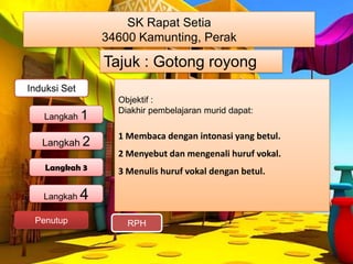 SK Rapat Setia
                  34600 Kamunting, Perak

                  Tajuk : Gotong royong
Induksi Set
                    Objektif :
                    Diakhir pembelajaran murid dapat:
   Langkah 1

                    1 Membaca dengan intonasi yang betul.
   Langkah 2
                    2 Menyebut dan mengenali huruf vokal.
    Langkah 3       3 Menulis huruf vokal dengan betul.

   Langkah    4
 Penutup              RPH
 