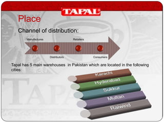 Place
Channel of distribution:
Manufactures

Retailers

Distributors

Consumers

Tapal has 5 main warehouses in Pakistan which are located in the following
cities:

 