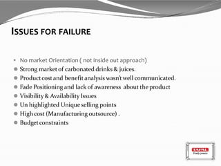 ISSUES FOR FAILURE
 No market Orientation ( not inside out approach)
⚫ Strong marketof carbonated drinks & juices.
⚫ Productcostand benefitanalysis wasn’twell communicated.
⚫ Fade Positioning and lack of awareness about the product
⚫ Visibility & Availability Issues
⚫ Un highlighted Unique selling points
⚫ High cost (Manufacturing outsource) .
⚫ Budgetconstraints
 