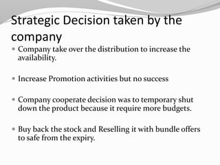 Strategic Decision taken by the
company
 Company take over the distribution to increase the
availability.
 Increase Promotion activities but no success
 Company cooperate decision was to temporary shut
down the product because it require more budgets.
 Buy back the stock and Reselling it with bundle offers
to safe from the expiry.
 