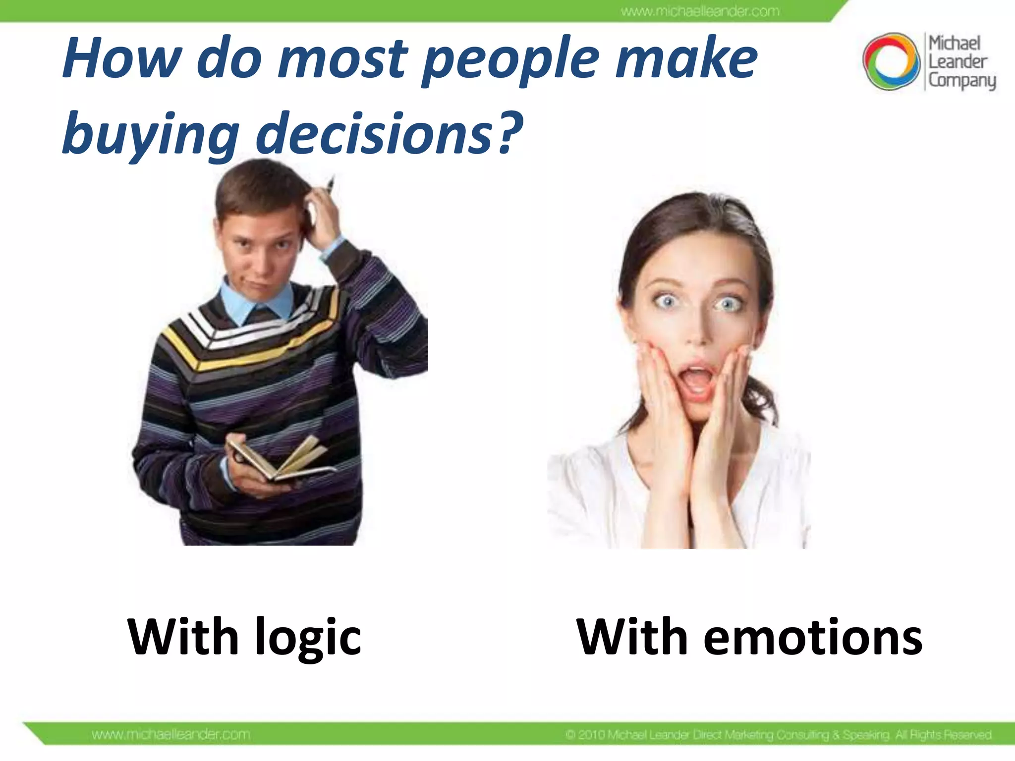 How do most people make
buying decisions?

With logic

With emotions

 