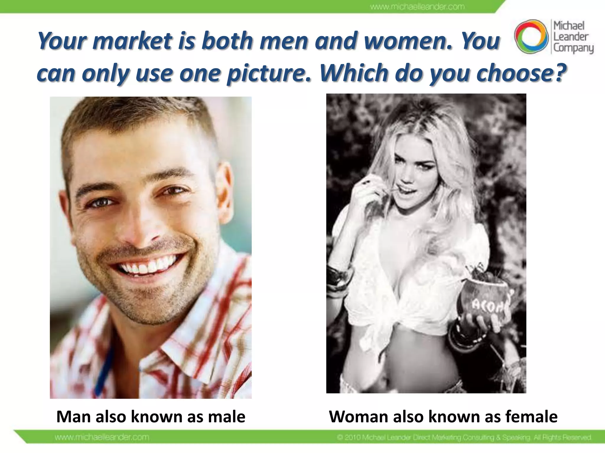 Your market is both men and women. You
can only use one picture. Which do you choose?

Man also known as male

Woman also known as female

 