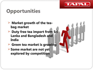 Opportunities
 Market growth of the tea-

bag market
 Duty free tea import from Sri
Lanka and Bangladesh and
India
 Green tea market is growing
 Some market are not yet
explored by competition

 