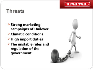 Threats
 Strong marketing

campaigns of Unilever
 Climatic conditions
 High import duties
 The unstable rules and
regulation of the
government

 