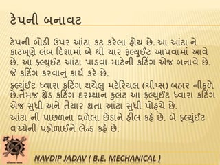 ટેપની બનાવટ
ટેપની બોડી ઉપર આંટા કટ કરેલા હોય છે. આ આંટા ને
કાટખ ૂણે લાંબ ટદશામાાં બે થી ચાર ફલ્યુઈટ આપવામાાં આવે
છે. આ ફ્લલ્યુઈટ આંટા પાડવા માટેની કટટિંગ એજ બનાવે છે.
જે કટટિંગ કરવાનુાં કાયબ કરે છે.
ફ્લલ્યુાંઈટ ધ્વારા કટટિંગ થયેલુ મટેટરયલ (ચીપ્સ) બહાર નીકળે
છે.તેમજ થ્રેડ કટટિંગ દરમ્યાન કુલાંટ આ ફલ્યુઈટ ધ્વારા કટટિંગ
એજ સુધી અને તૈયાર થતા આંટા સુધી પોહ્ચે છે.
આંટા ની પાછળના વળેલા છેડાને હીલ કહે છે. બે ફ્લલ્યુાંઈટ
વચ્ચેની પહોળાઈને લેન્ડ કહે છે.
NAVDIP JADAV ( B.E. MECHANICAL )
 