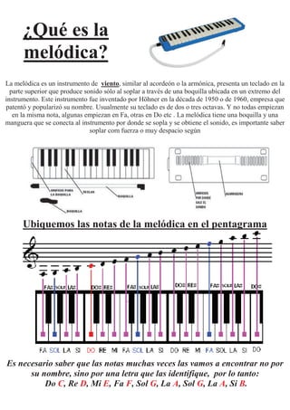 ¿Qué es la
melódica?
La melódica es un instrumento de viento, similar al acordeón o la armónica, presenta un teclado en la
parte superior que produce sonido sólo al soplar a través de una boquilla ubicada en un extremo del
instrumento. Este instrumento fue inventado por Höhner en la década de 1950 o de 1960, empresa que
patentó y popularizó su nombre. Usualmente su teclado es de dos o tres octavas. Y no todas empiezan
en la misma nota, algunas empiezan en Fa, otras en Do etc . La melódica tiene una boquilla y una
manguera que se conecta al instrumento por donde se sopla y se obtiene el sonido, es importante saber
soplar com fuerza o muy despacio según
Ubiquemos las notas de la melódica en el pentagrama
Es necesario saber que las notas muchas veces las vamos a encontrar no por
su nombre, sino por una letra que las identifique, por lo tanto:
Do C, Re D, Mi E, Fa F, Sol G, La A, Sol G, La A, Si B.
 