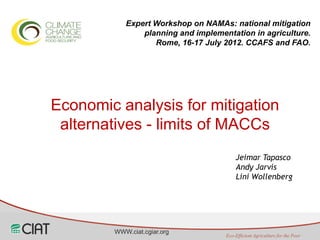 Expert Workshop on NAMAs: national mitigation
               planning and implementation in agriculture.
                  Rome, 16-17 July 2012. CCAFS and FAO.




Economic analysis for mitigation
 alternatives - limits of MACCs
                                        Jeimar Tapasco
                                        Andy Jarvis
                                        Lini Wollenberg




        WWW.ciat.cgiar.org
                                    Eco-Efficient Agriculture for the Poor
 
