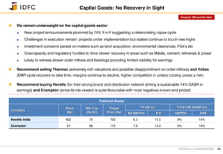 PRIVATE & CONFIDENTIAL
 We remain underweight on the capital goods sector
 New project announcements plummet by 74% Y-o-Y suggesting a deteriorating capex cycle
 Challenges in execution remain; projects under implementation but stalled continue to touch new highs
 Investment concerns persist on matters such as land acquisition, environmental clearances, FSA’s etc
 Overcapacity and regulatory hurdles to drive slower recovery in areas such as Metals, cement, refineries & power
 Likely to witness slower order inflows and backlogs providing limited visibility for earnings
 Recommend selling Thermax (extremely rich valuations and possible disappointment on order inflows) and Voltas
(EMP cycle recovery to take time, margins continue to decline, higher competition in unitary cooling poses a risk)
 Recommend buying Havells (for their strong brand and distribution network driving a sustainable 14% CAGR in
earnings) and Crompton (since its risk reward is quite favourable with most negatives known and priced)
14
Capital Goods: No Recovery in Sight
Preferred Stocks
Company
Price
(Rs)
Mkt Cap
(Rs Bn)
Target
Price (Rs)
FY14E (x) FY12-14E CAGR (%)
EV/EBITDA P/E EBITDA EPS
Havells India 602 75 700 9.3 15.5 9% 14%
Crompton 91 58 115 7.9 13.0 6% 10%
Analyst: Bhoomika Nair
 