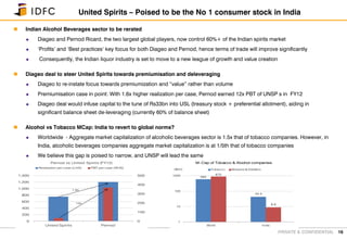 PRIVATE & CONFIDENTIAL 16
United Spirits – Poised to be the No 1 consumer stock in India
 Indian Alcohol Beverages sector to be rerated
 Diageo and Pernod Ricard, the two largest global players, now control 60%+ of the Indian spirits market
 ‘Profits’ and ‘Best practices’ key focus for both Diageo and Pernod, hence terms of trade will improve significantly
 Consequently, the Indian liquor industry is set to move to a new league of growth and value creation
 Diageo deal to steer United Spirits towards premiumisation and deleveraging
 Diageo to re-instate focus towards premiumization and “value” rather than volume
 Premiumisation case in point: With 1.6x higher realization per case, Pernod earned 12x PBT of UNSP s in FY12
 Diageo deal would infuse capital to the tune of Rs33bn into USL (treasury stock + preferential allotment), aiding in
significant balance sheet de-leveraging (currently 60% of balance sheet)
 Alcohol vs Tobacco MCap: India to revert to global norms?
 Worldwide - Aggregate market capitalization of alcoholic beverages sector is 1.5x that of tobacco companies. However, in
India, alcoholic beverages companies aggregate market capitalization is at 1/5th that of tobacco companies
 We believe this gap is poised to narrow, and UNSP will lead the same
0
100
200
300
400
500
0
200
400
600
800
1,000
1,200
1,400
United Spirits Pernod
Pernod vs United Spirits (FY12)
Realisation per case (LHS) PBT per case (RHS)
1.6x
12x
594
43.3
875
8.8
1
10
100
1000
World India
M-Cap of Tobacco & Alcohol companies
Tobacco Brewers & Distillers($bn)
 