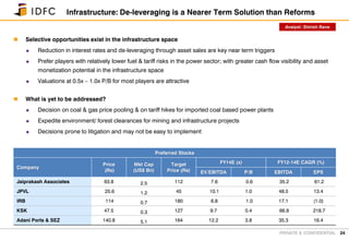 PRIVATE & CONFIDENTIAL
 Selective opportunities exist in the infrastructure space
 Reduction in interest rates and de-leveraging through asset sales are key near term triggers
 Prefer players with relatively lower fuel & tariff risks in the power sector; with greater cash flow visibility and asset
monetization potential in the infrastructure space
 Valuations at 0.5x – 1.0x P/B for most players are attractive
 What is yet to be addressed?
 Decision on coal & gas price pooling & on tariff hikes for imported coal based power plants
 Expedite environment/ forest clearances for mining and infrastructure projects
 Decisions prone to litigation and may not be easy to implement
24
Infrastructure: De-leveraging is a Nearer Term Solution than Reforms
Preferred Stocks
Company
Price
(Rs)
Mkt Cap
(US$ Bn)
Target
Price (Rs)
FY14E (x) FY12-14E CAGR (%)
EV/EBITDA P/B EBITDA EPS
Jaiprakash Associates 63.8 2.5 112 7.6 0.6 35.2 61.2
JPVL 25.6 1.2 45 10.1 1.0 48.5 13.4
IRB 114 0.7 180 6.8 1.0 17.1 (1.0)
KSK 47.5 0.3 127 9.7 0.4 66.8 218.7
Adani Ports & SEZ 140.8 5.1 164 12.2 3.8 35.3 16.4
Analyst: Shirish Rane
 